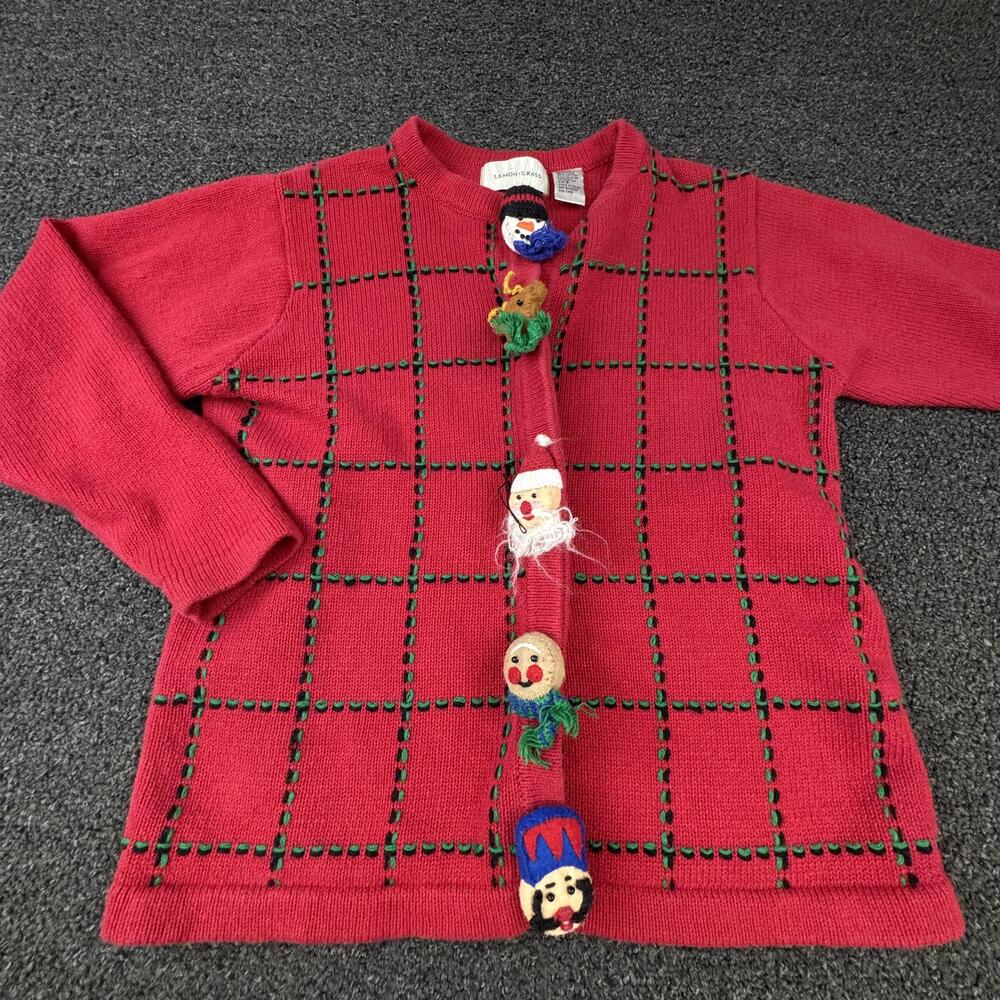 Lemon Grass Cardigan Womens S Red Check Collarless Embroidered Button Christmas